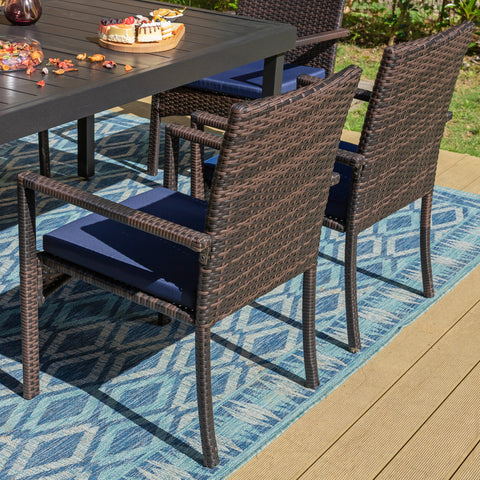 PHI VILLA 5-Piece Patio Dining Set Gas Fire Pit Wood-look Table 50,000 BTU & 4 Rattan Cushioned Chairs