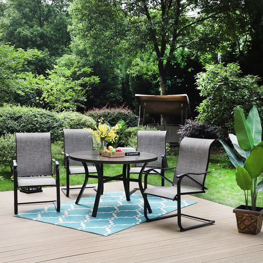 MFSTUDIO Wood-look Pattern Metal Round Table & 4 Textilene C-Spring Chairs  5-Piece Outdoor Dining Set