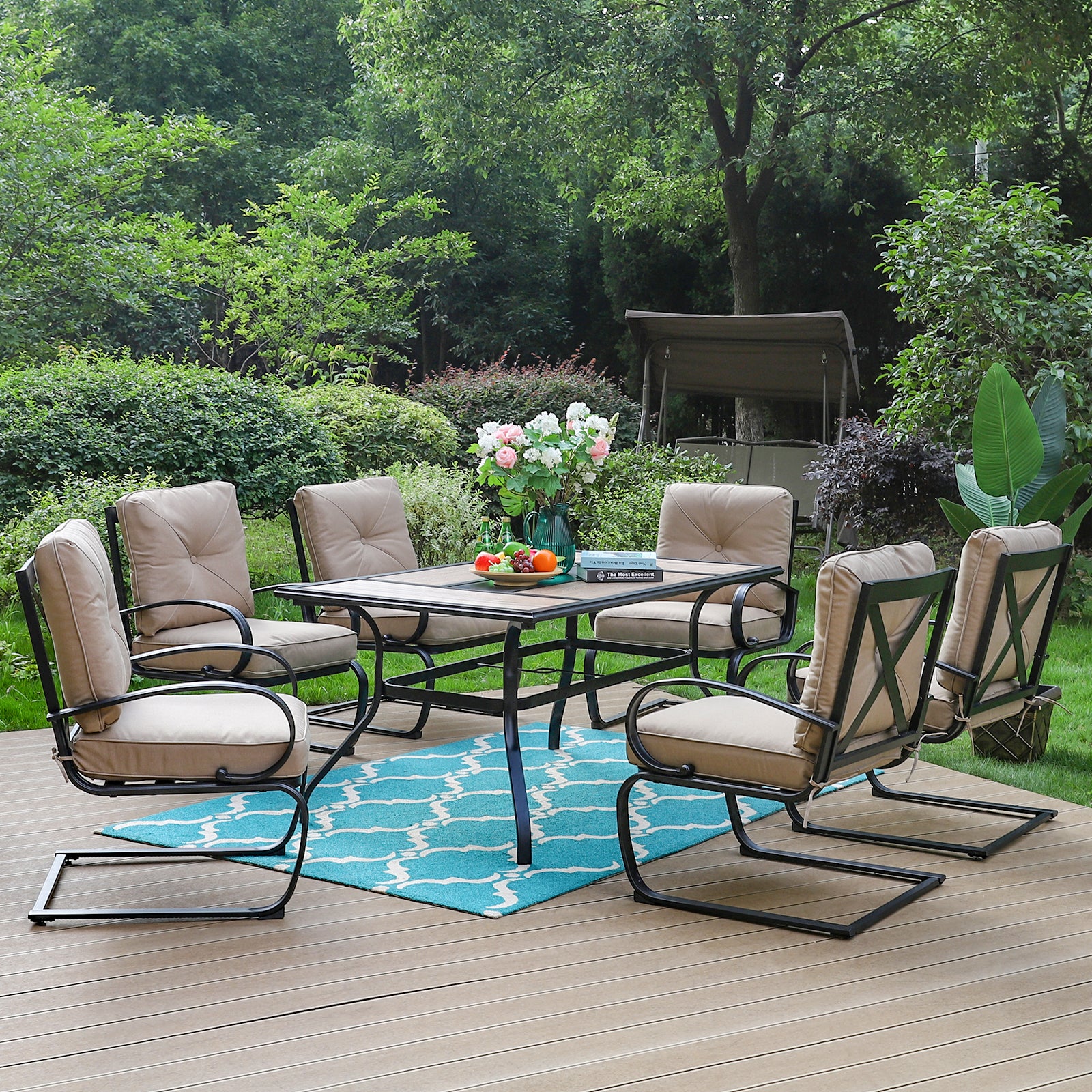 Sophia & William Geometric Table & 6 Cushioned C-spring Dining Chairs Outdoor Patio Dining Set