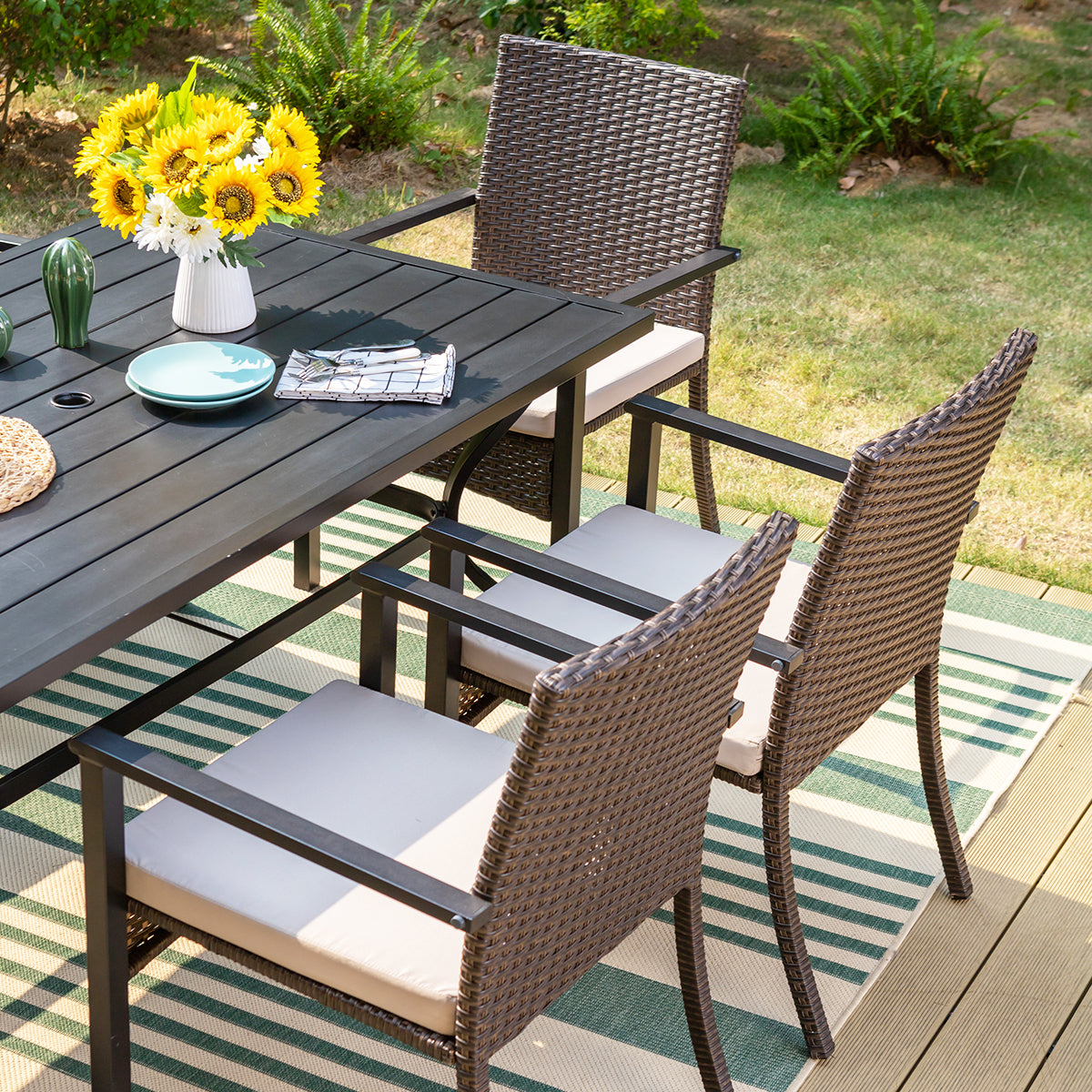 MFSTUDIO 7-Piece Steel Table & Rattan Cushion Dining Chairs Outdoor Patio Dining Set