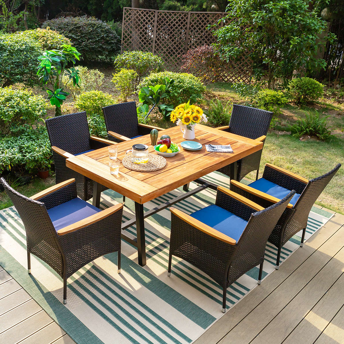 PHI VILLA Acacia Wooden Table & 6 Rattan Cushioned Dining Chairs 7-Piece Outdoor Dining Set