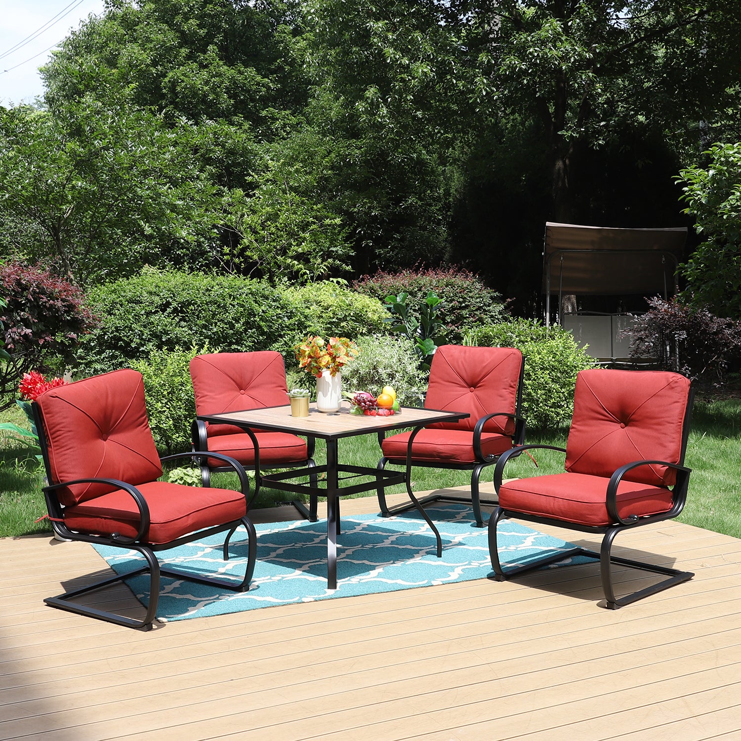 Sophia & William Wood-look Square Table & C-Spring Cushioned Chairs 5-Piece Outdoor Dining Set