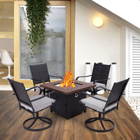 PHI VILLA 5-Piece Outdoor Dining Set Rattan Swivel Chairs & Wood-look Square Gas Fire Pit Table