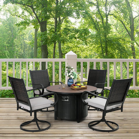 PHI VILLA 5-Piece Fire Pit Table Patio Dining Set with Rattan High Back Swivel Chairs