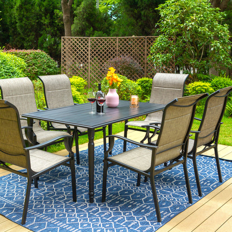 PHI VILLA 7-Piece Carved-leg Rectangle Table & Textilene High-back Chairs Patio Dining Sets