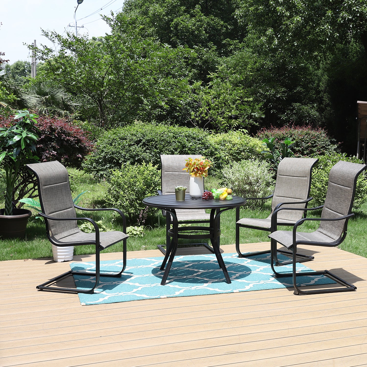 MFSTUDIO Steel Round Table & 4 Textilene C-Spring Chairs 5-Piece Outdoor Dining Set