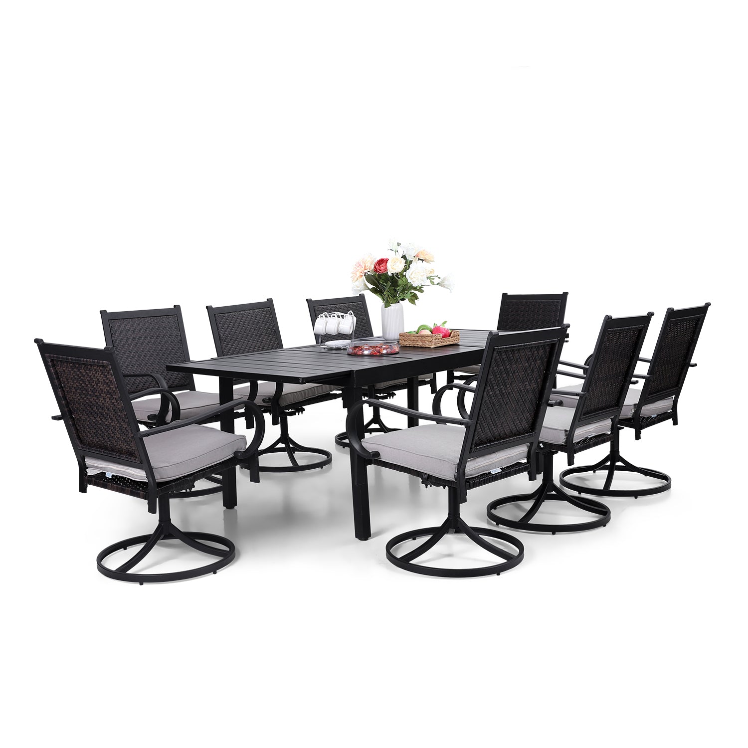 PHI VILLA Steel Extendable Table Rattan Swivel Chairs Patio Outdoor Dining Set
