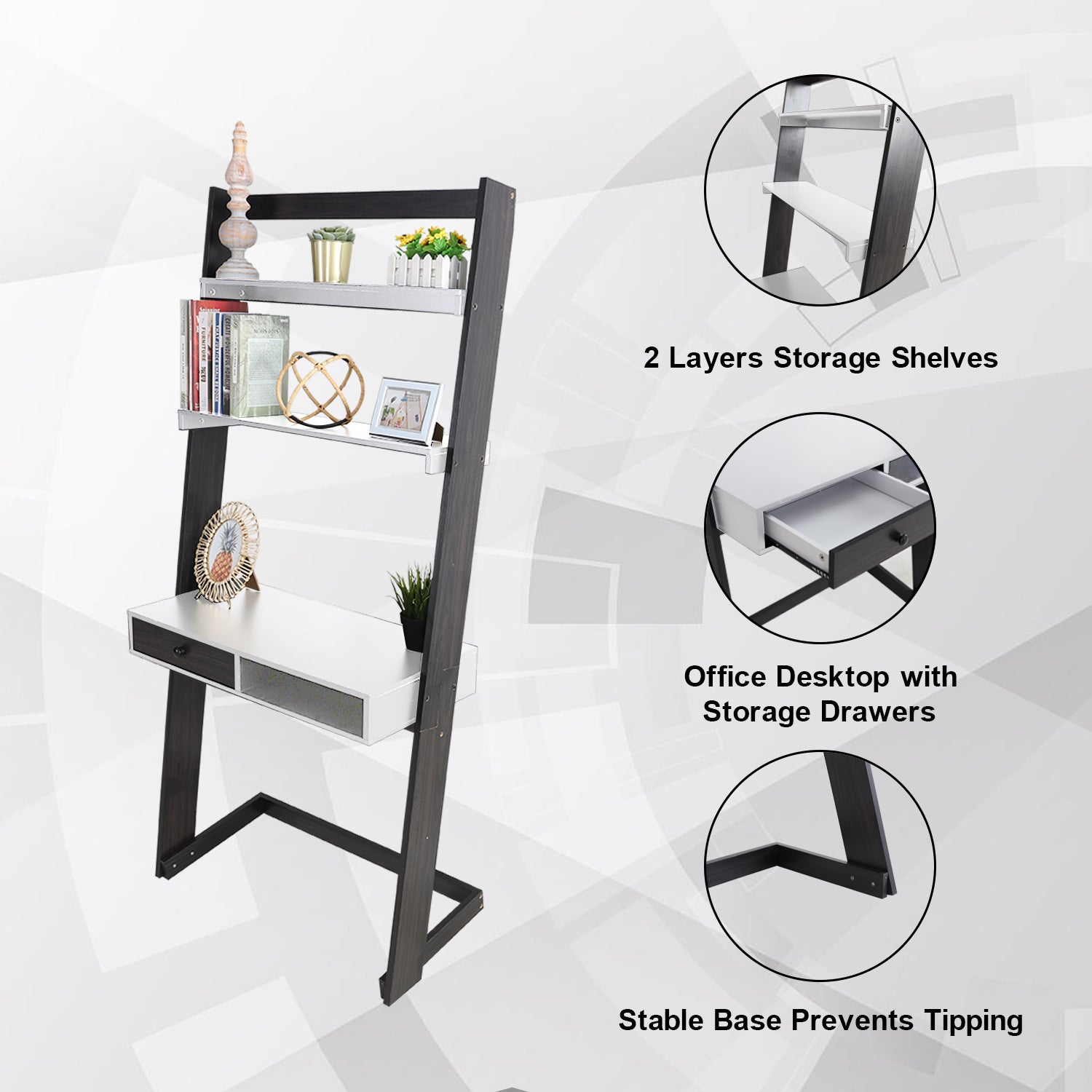 PHI VILLA 3-Tier Ladder Shelf Bookcase with Desktop and Drawer
