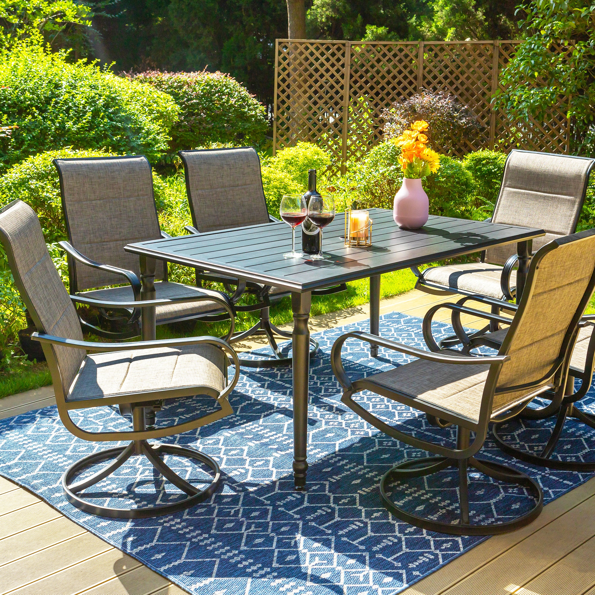PHI VILLA 7-Piece Carved-leg Rectangle Table & Textilene Swivel Chairs Patio Dining Sets