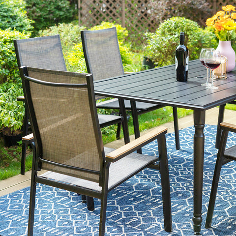PHI VILLA 7-Piece Carved-leg Rectangle Table & Aluminum Textilene Fixed Chairs Patio Dining Sets