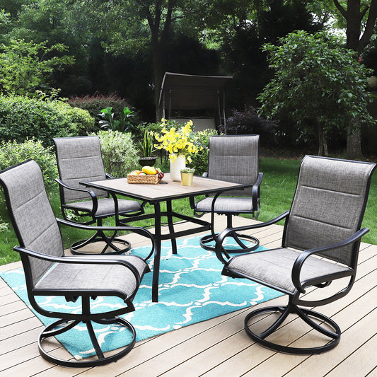 PHI VILLA Wood-look Table & 4 Textilene Swivel Chairs 5-Piece Outdoor Dining Set