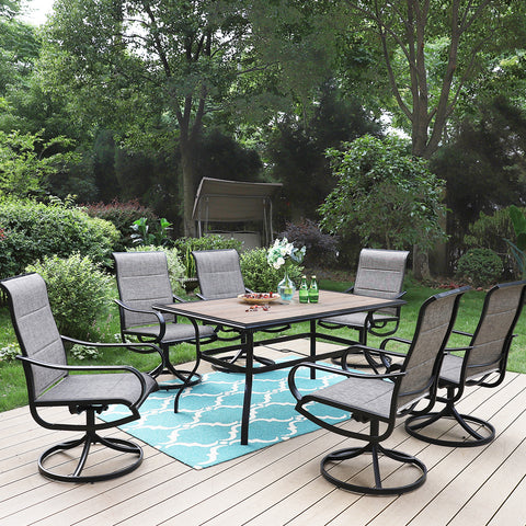 PHI VILLA 7-Piece Metal Outdoor Dining Set Wood-look Table and 6 Textilene Swivel Chairs