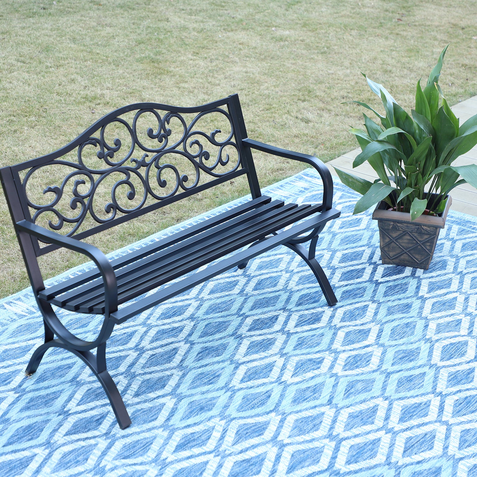 MFSTUDIO 50 Inch Cast Iron Steel Frame Flower Pattern Garden Bench