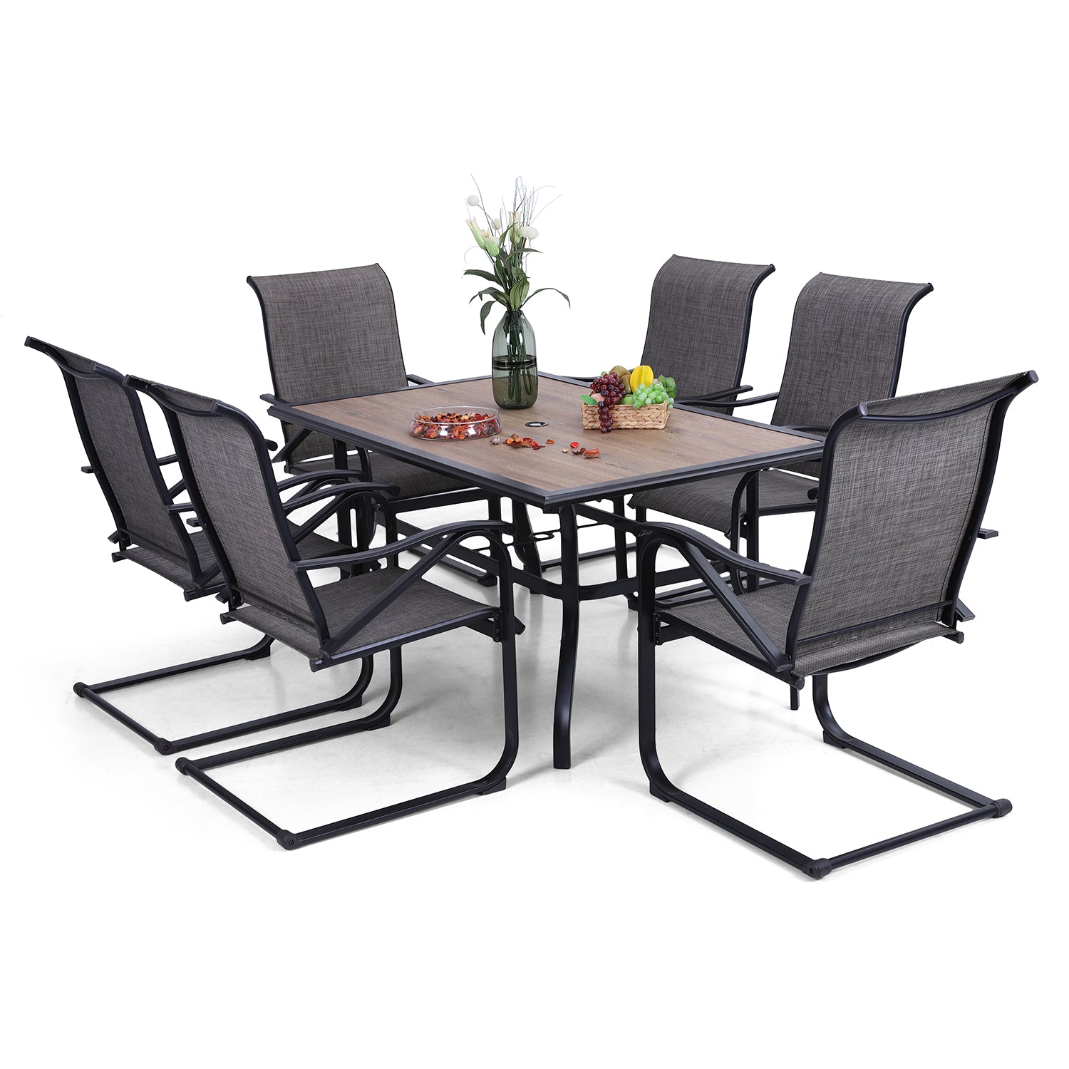 MFSTUDIO Wood-look Rectangle Table & 6 Textilene C-spring Chairs 7-Piece Outdoor Dining Set