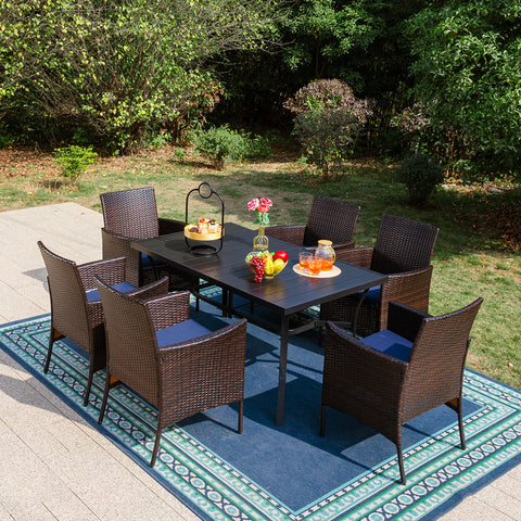 PHI VILLA 7-Piece Rattan Steel Cushioned Patio Chairs & Steel Panel Table Outdoor Dining Set