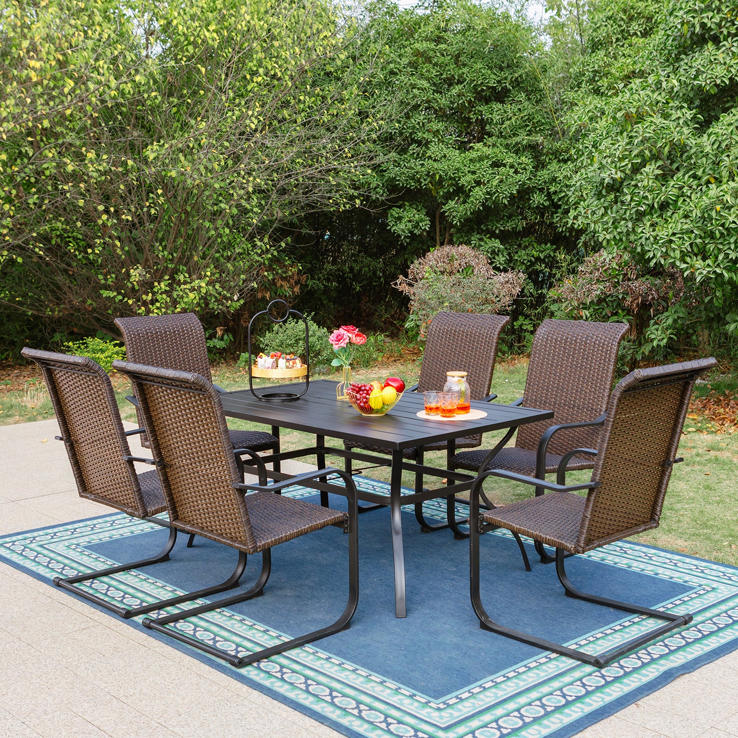 Sophia & William 7-Piece Steel Rectangle Table & Rattan C-spring Chairs Outdoor Dining Set