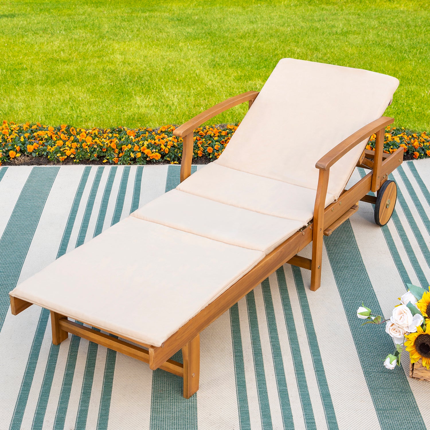 PHI VILLA Portable Folding Acacia Wood Adjustable Lounge Chair with cushions for Pool, Beach and Backyard