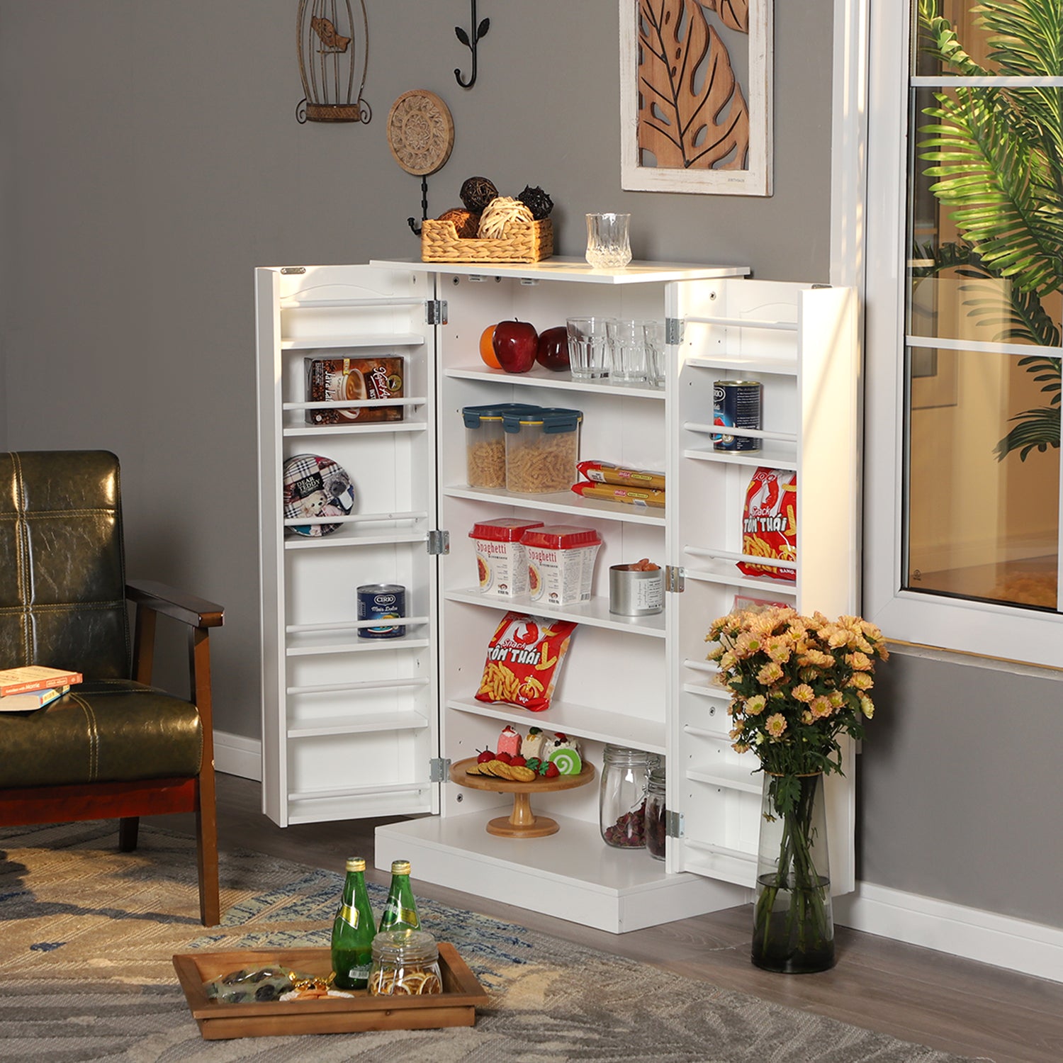 Sophia & William Farmhouse Kitchen Pantry, Storage Cabinet with Doors and Adjustable Shelves