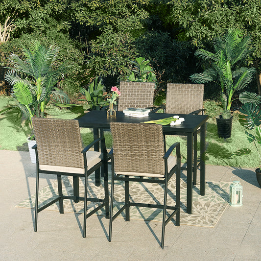 PHI VILLA 5-Piece Wood-look Stamped High Table & Rattan-chair-back Cushioned High Bar Stools