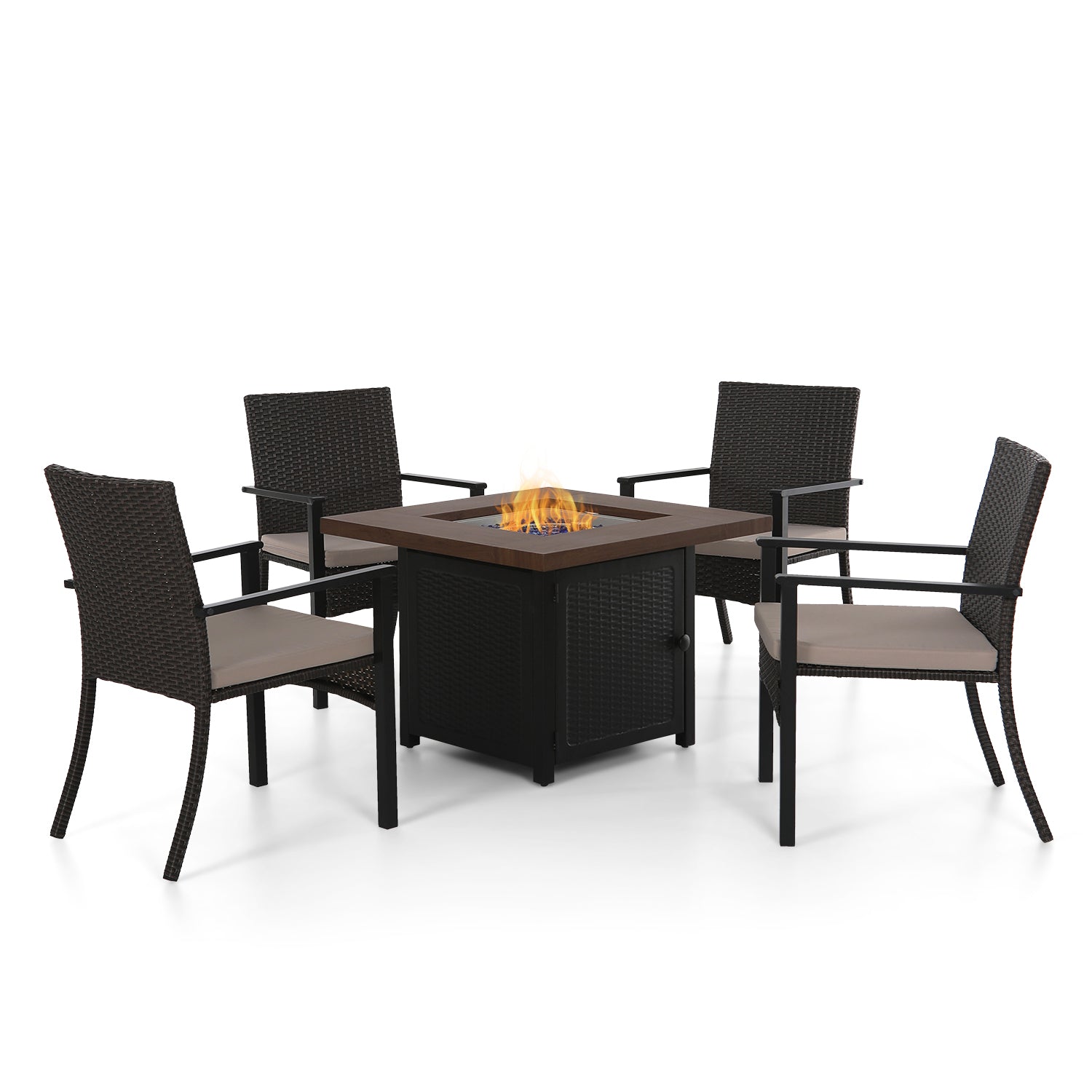 Sophia & William 5-Piece Wood-look 50,000 BTU Gas Fire Pit Table & Rattan Cushion Chairs Patio Dining Set