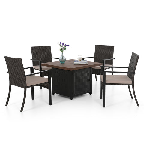 Sophia & William 5-Piece Wood-look 50,000 BTU Gas Fire Pit Table & Rattan Cushion Chairs Patio Dining Set