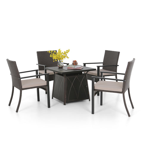 MFSTUDIO Patio Bistro Set 28" Square Steel Fire Pit Table & PE Rattan Cushioned Dining Chairs