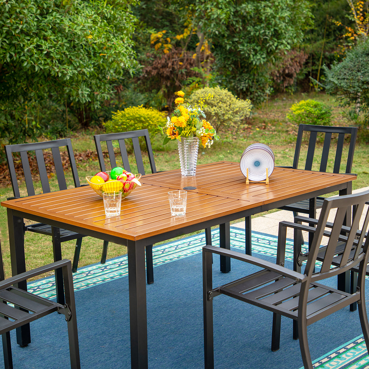 PHI VILLA 7-Piece Patio Dining Set Teak-grain Table & Stackable Steel Chairs