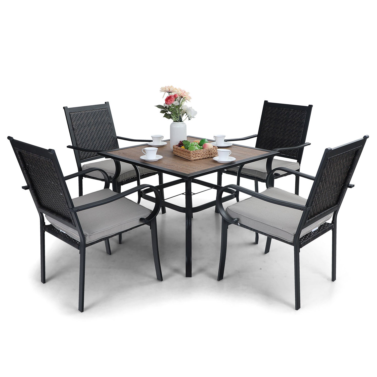 PHI VILLA 5-Piece Rattan Dining Chairs & Wood-look Square Table Patio Dining Set