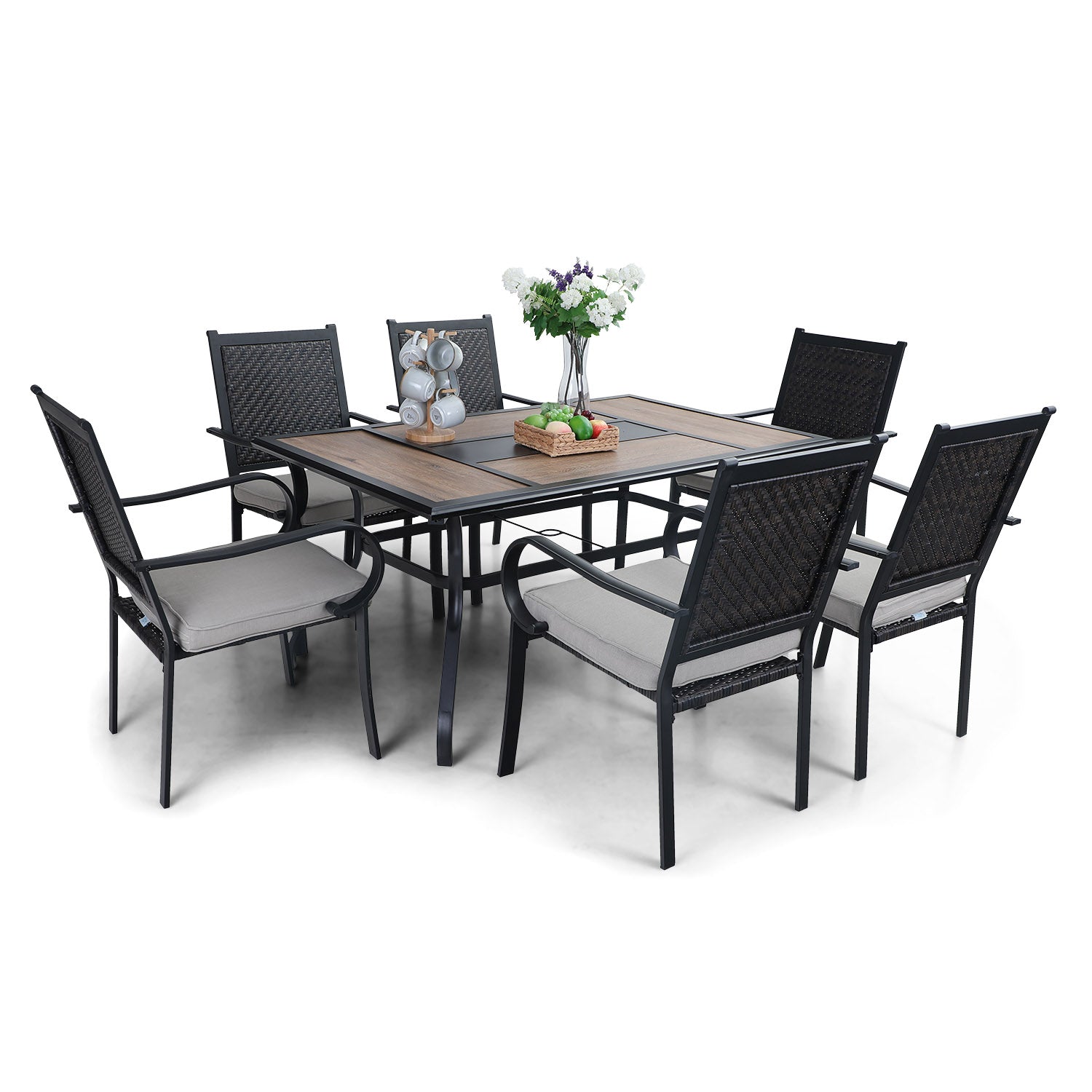 PHI VILLA 7-Piece Rattan Dining Chairs & Geometric Table Outdoor Dining Set