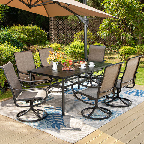 PHI VILLA 7-Piece Patio Dining Set Geometrically Stamped Rectangle Table & Textilene Swivel Chairs