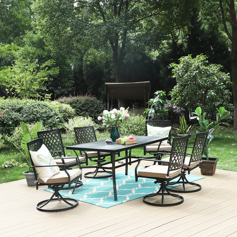 Phi Villa 7-Piece Steel Panel Table and Swivel Chairs Outdoor