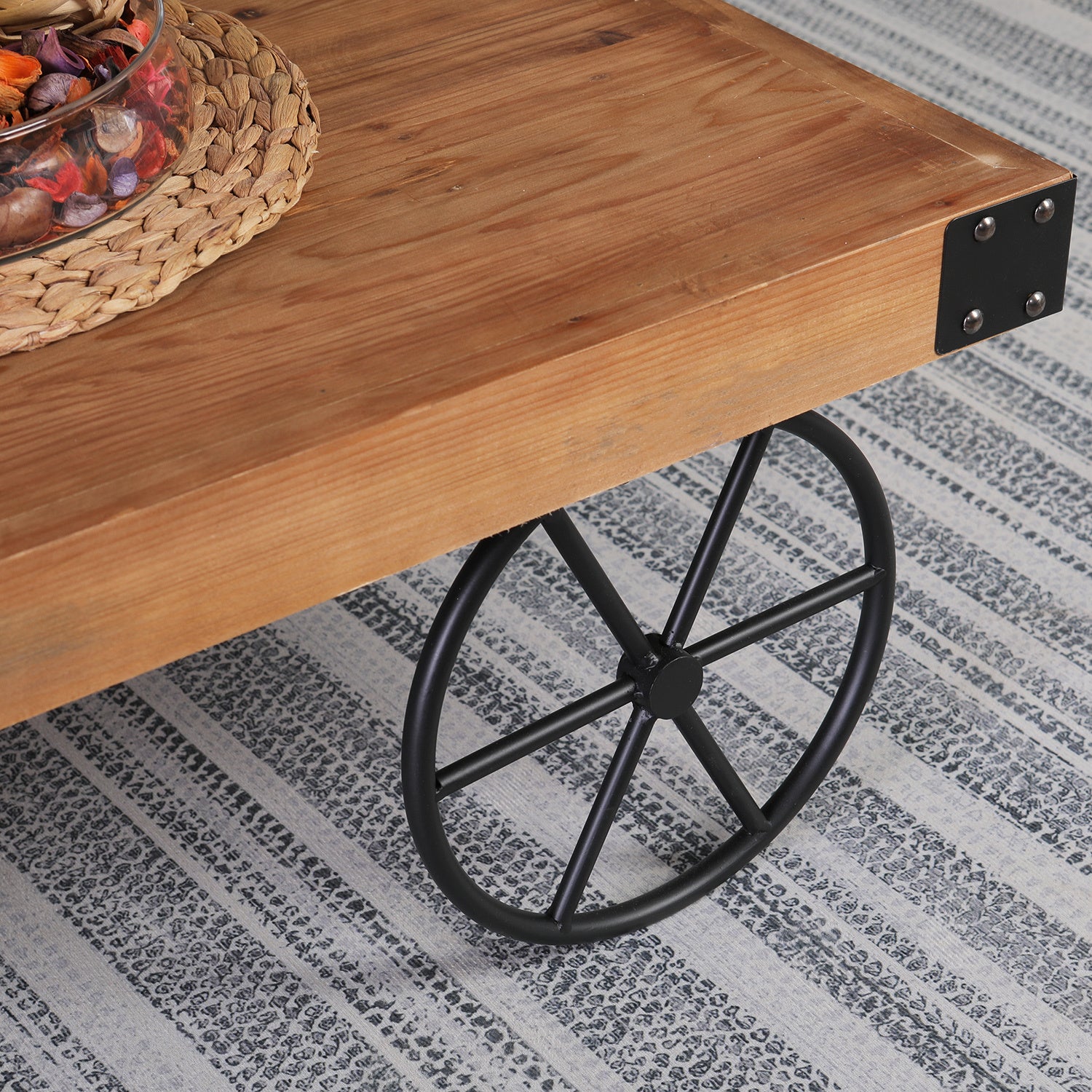 MFSTUDIO Rustic Coffee Table with Metal Wheels for Living Room Bed Room