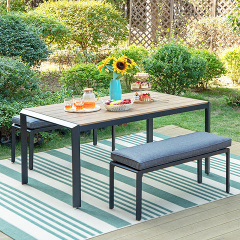 PHI VILLA 3-Piece Aluminum Wood-like Table Cushioned Benches