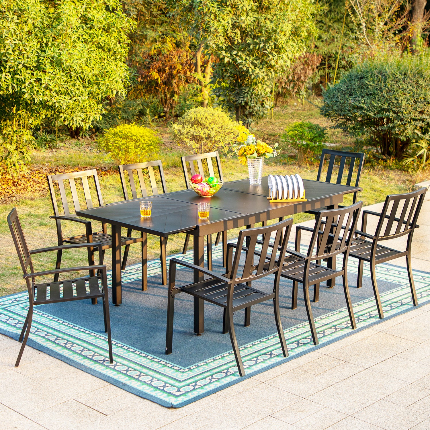 PHI VILLA 9-piece / 7-piece Patio Dining Sets Expandable Table and Classic Steel Chairs