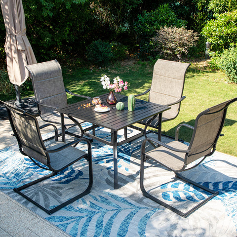 MFSTUDIO Steel Square Table & 4 Textilene C-Spring Chairs 5-Piece Outdoor Dining Set