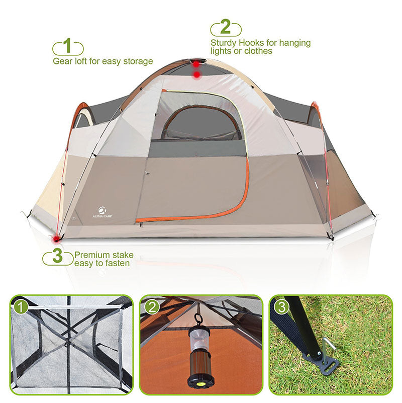ALPHA CAMP Orange 6 Person Dome Family Camping Tent
