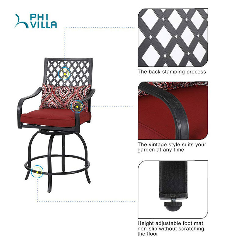 PHI VILLA 5-Piece Wood-look Stamped Table & High Swivel Bar Stools with Cushions