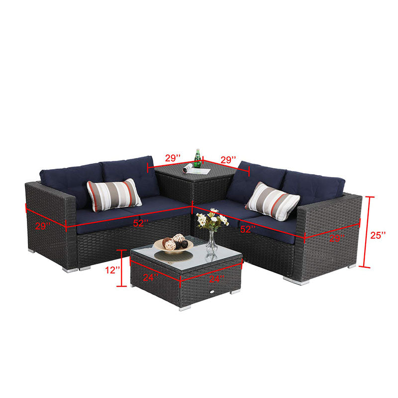 PHI VILLA Outdoor Furniture Rattan Sectional Sofa Set with Storage Box