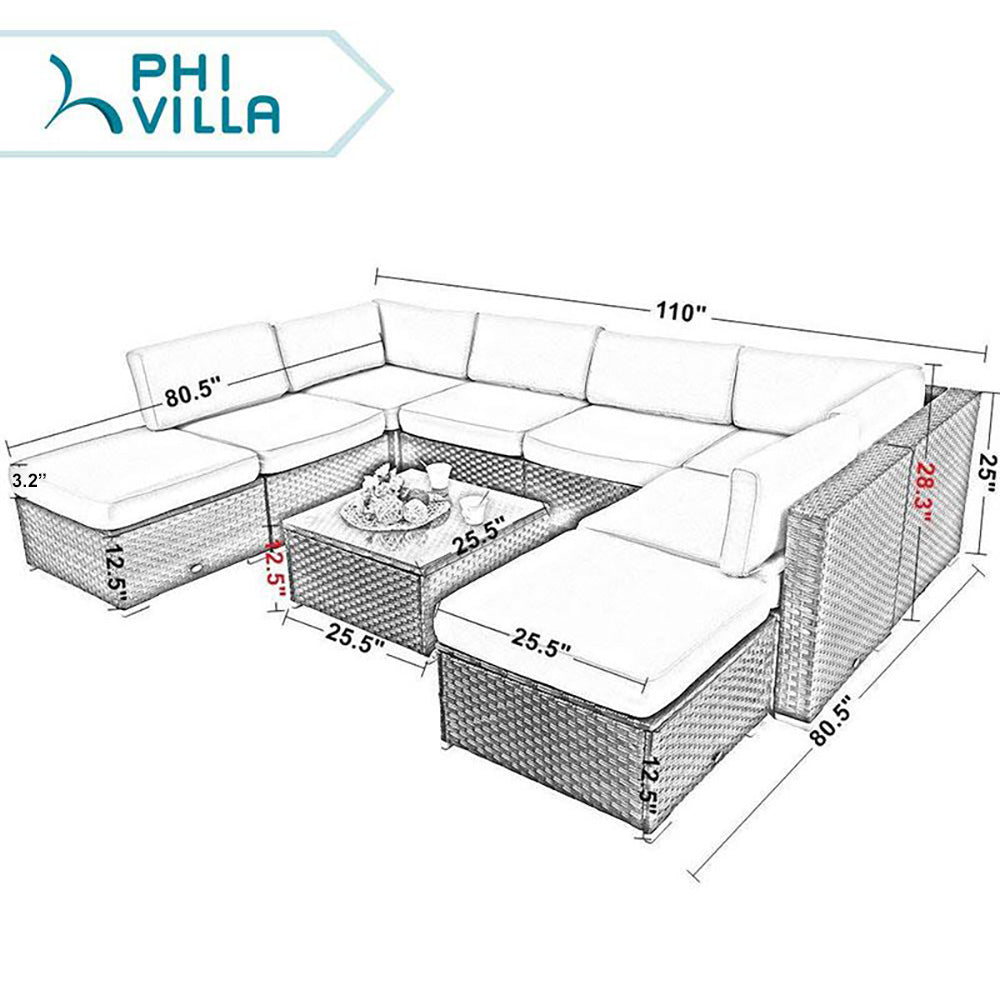 PHI VILLA 9 Piece Rattan Sofa Outdoor Sectional Set