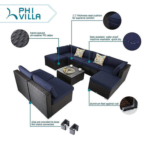 PHI VILLA 9 Piece Rattan Sofa Outdoor Sectional Set