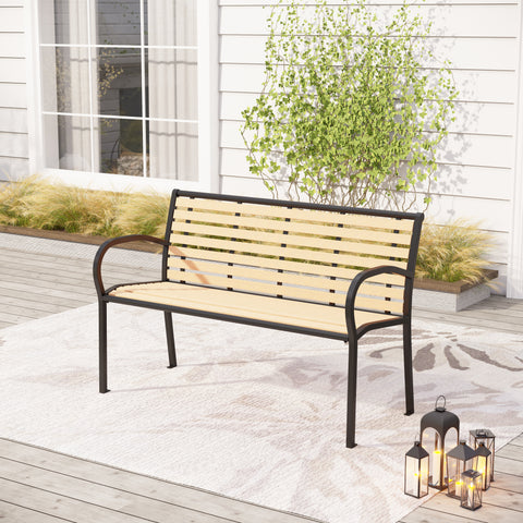 PHI VILLA Yellow Steel Wood-Plastic Outdoor Bench for Park, Garden, Backyard