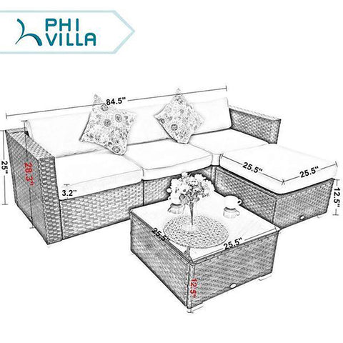 PHI VILLA 5-Piece Outdoor Sectional Rattan Sofa