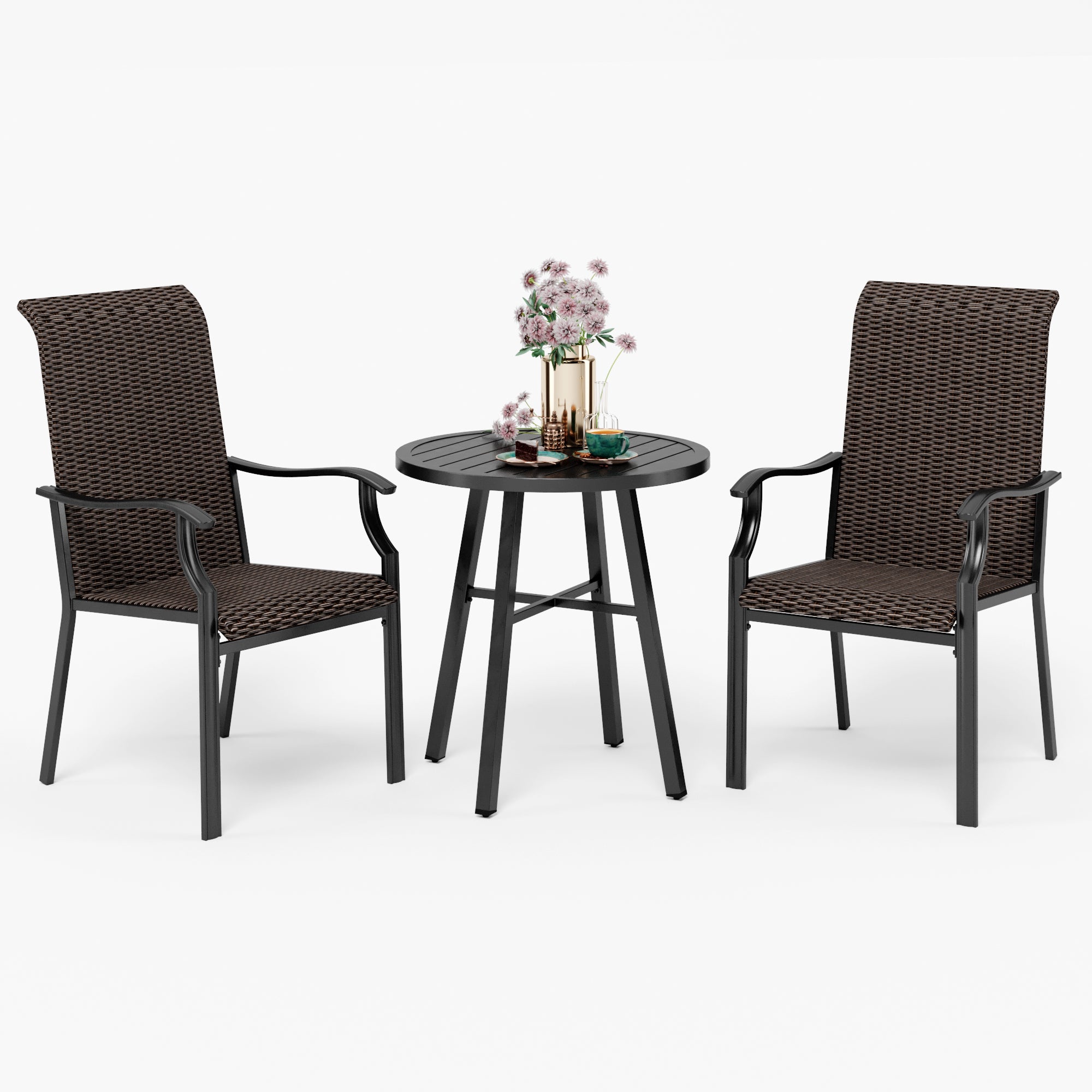 PHI VILLA 3-Piece Rattan Dining Chairs & Small Round Table Patio Bistro Set