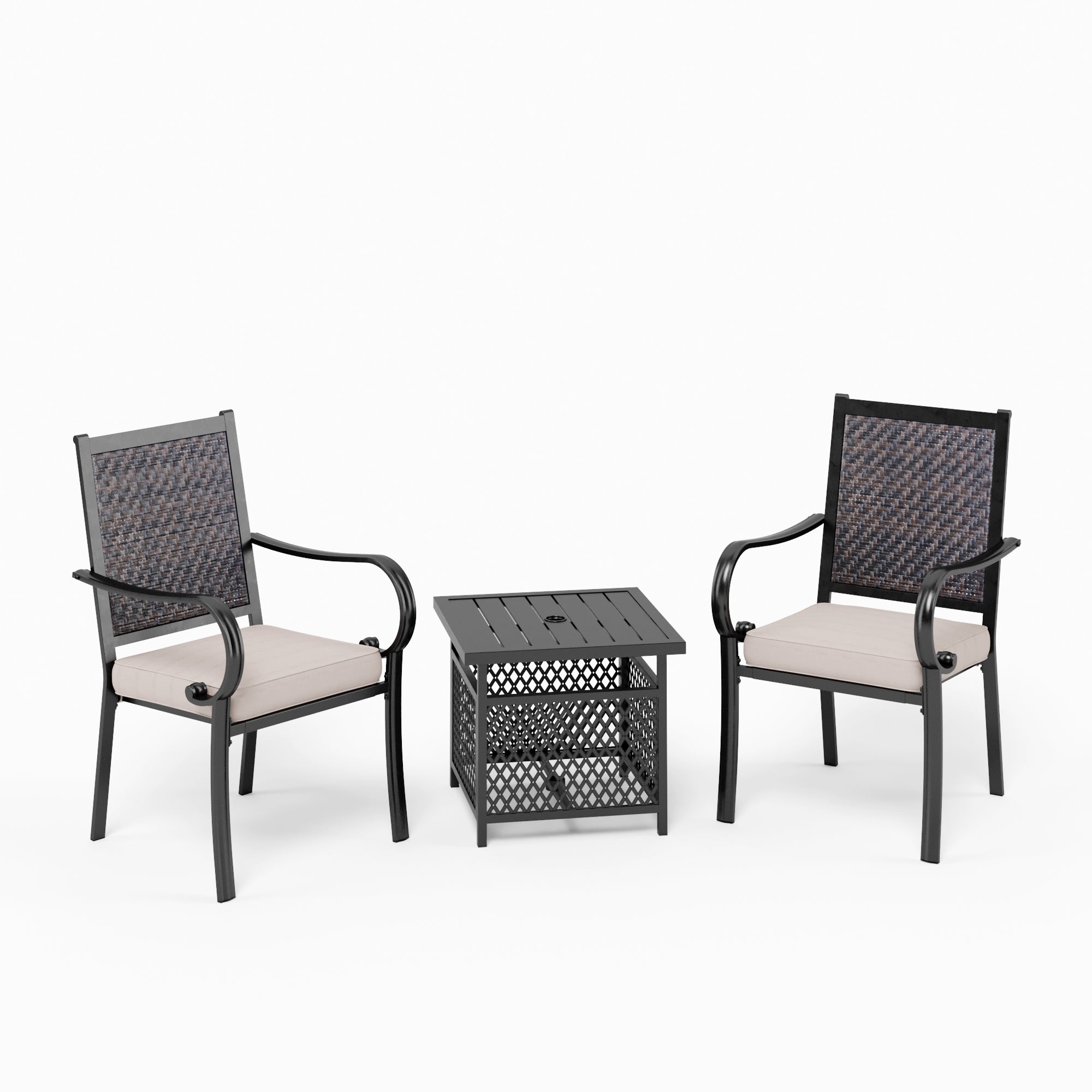 PHI VILLA 3-Piece Rattan Dining Chairs & Umbrella Base Table Patio Bistro Set