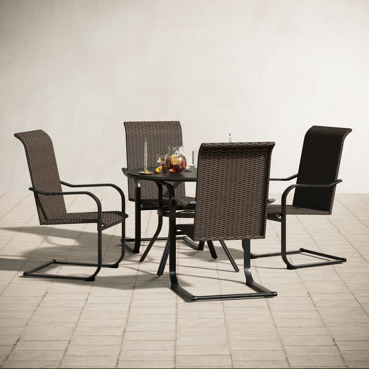 Sophia & William Steel Round Table & 4 Rattan C-spring Chairs Outdoor Dining Set
