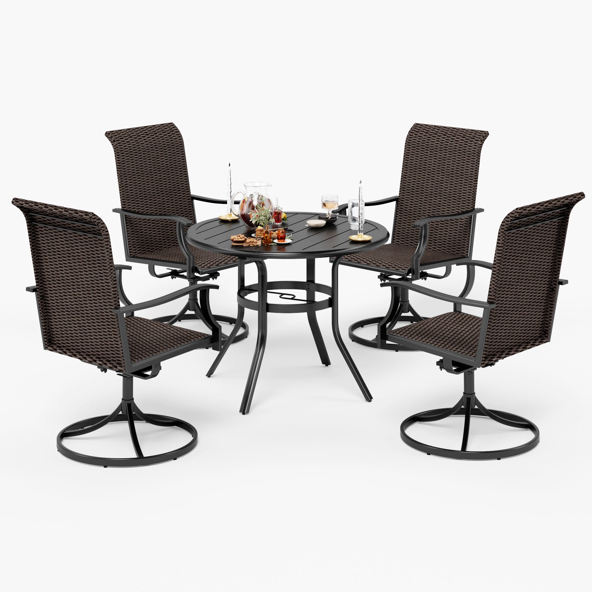 PHI VILLA Steel Round Table & 4 Rattan Swivel Chairs 5-Piece Outdoor Dining Set