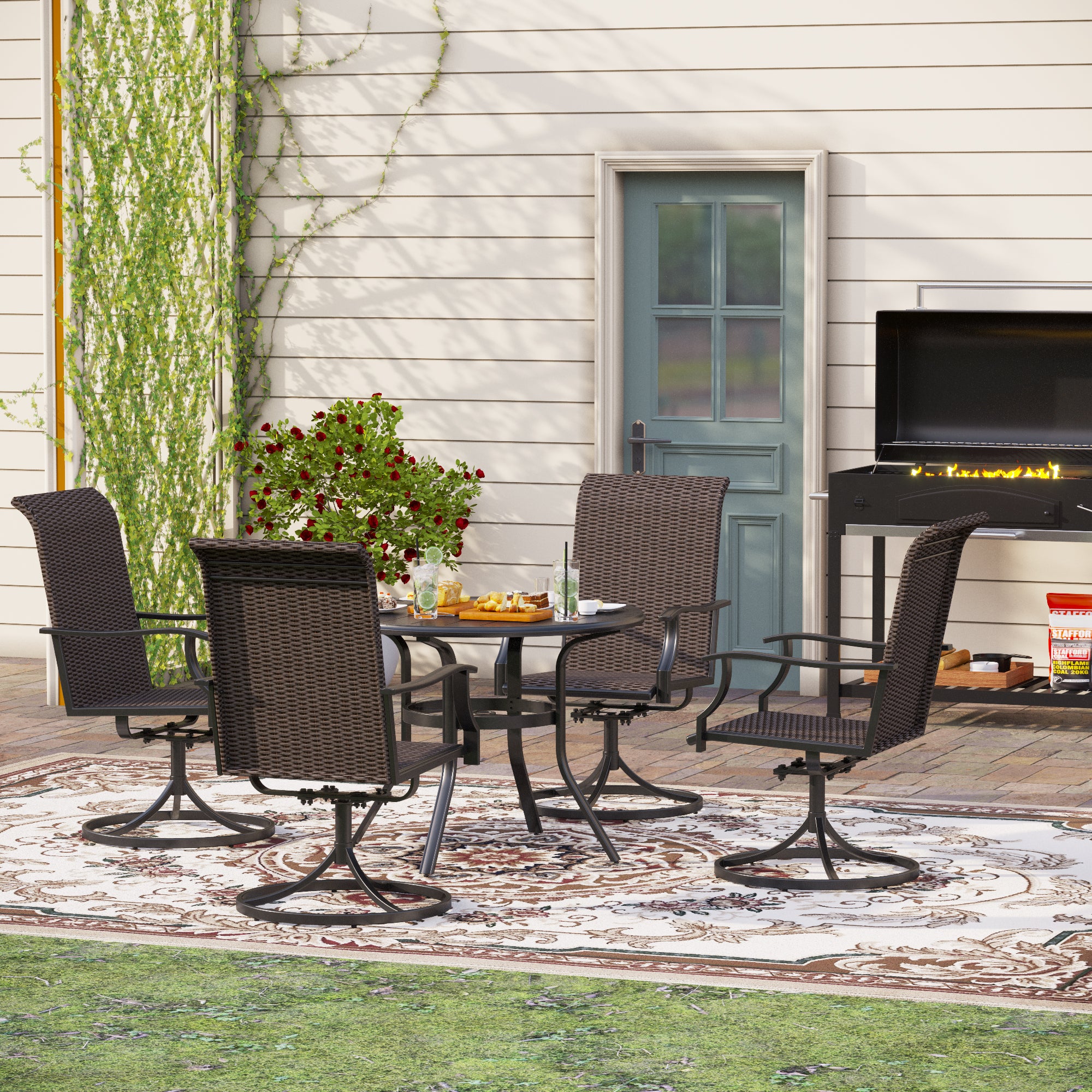 PHI VILLA Steel Round Table & 4 Rattan Swivel Chairs 5-Piece Outdoor Dining Set