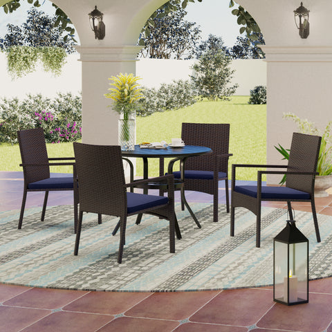 PHI VILLA Round Table & Rattan Cushioned Dining Chairs 5-Piece Outdoor Dining Set