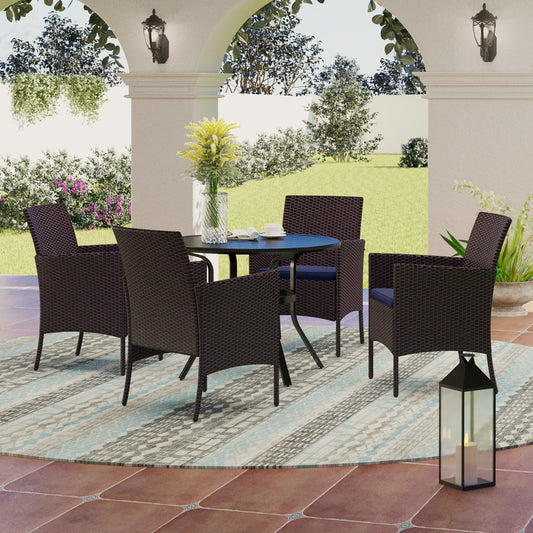PHI VILLA Round Table & Rattan Cushioned Dining Chairs 5-Piece Outdoor Dining Set