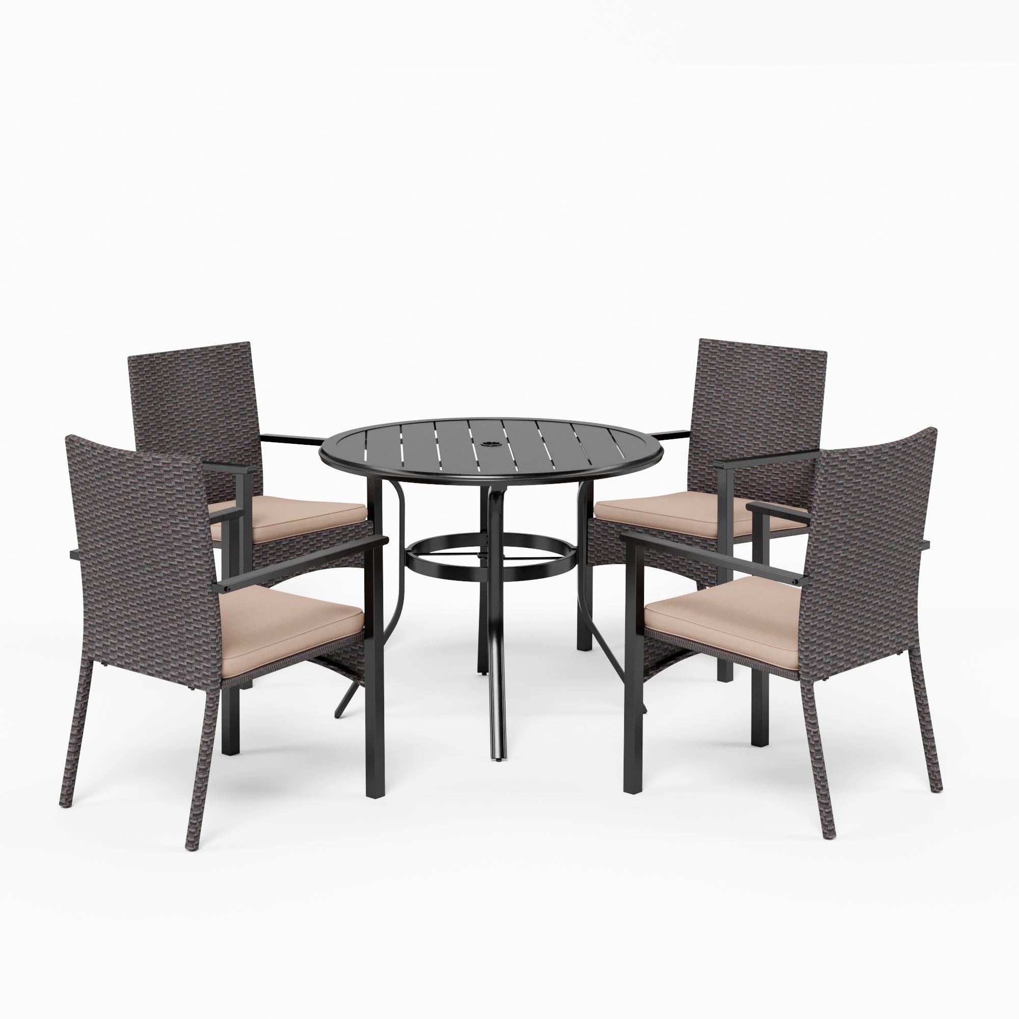 MFSTUDIO 5-Piece Round Table & Rattan Cushion Dining Chairs Outdoor Patio Dining Set